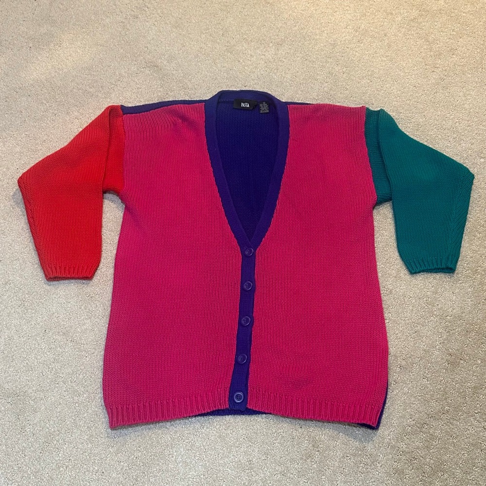 Pasta Vintage Colorblock Cardigan Sweater Pink Purple Teal‎ Red Ramie Cotton S